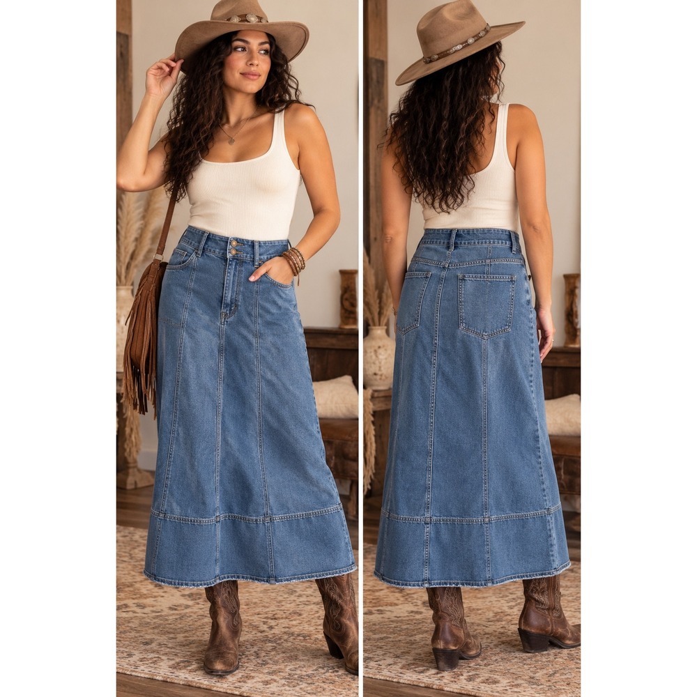 Indigo Poppy Denim Maxi Skirt Blue Seamed Panel A-Line Western Boho XL